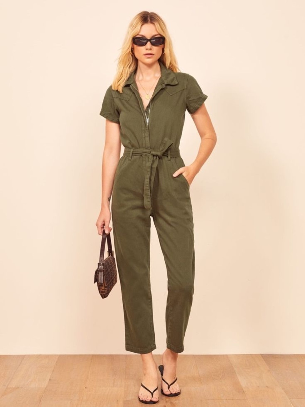 Reformation Olive Green Short-Sleeve Jumpsuit
